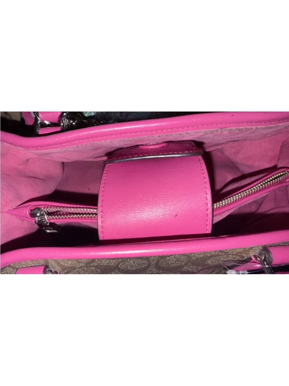 Coach Brown Monogram Satchel with Pink Trim and Cherry Charm